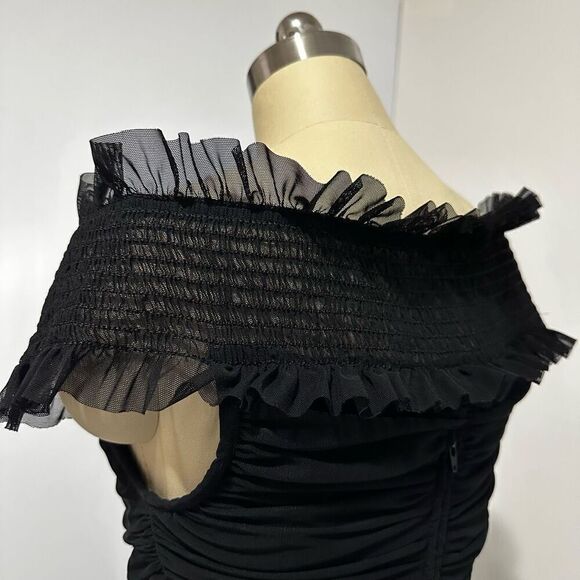 Vtg Tadashi Black Mesh Ruched Maxi Dress S Gothic Vampire Fairygoth Witchy - Picture 6 of 12